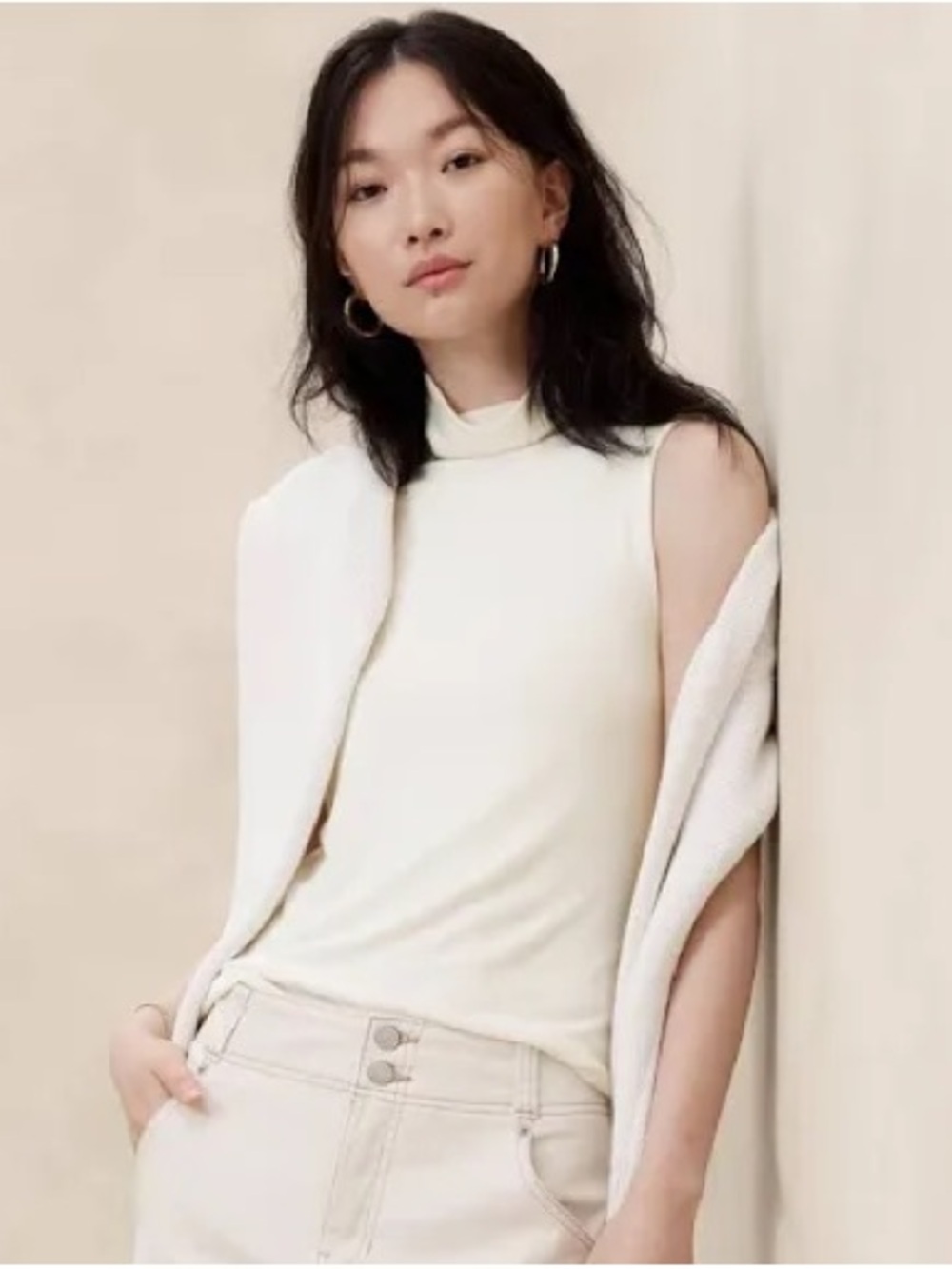 Banana Republic Ivory Ribbed High-Neck Top - Cream